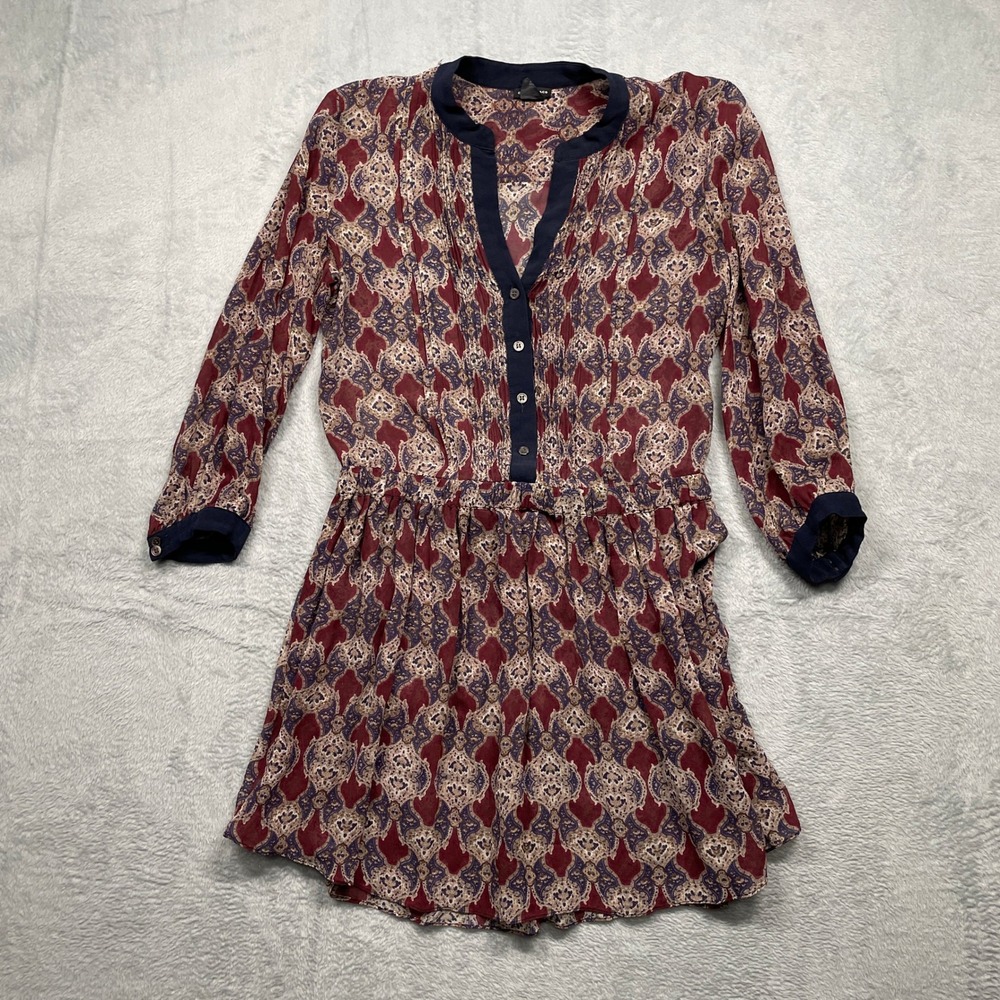 Club Monaco Paisley Mini Dress Women 0 Burgundy Navy Henley Long Sleeve Silk